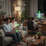 Keluarga bahagia menggunakan provider internet rumah murah dan stabil tanpa buffering di Jakarta