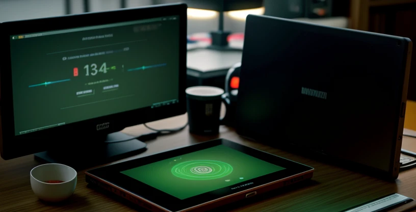 dashboard aplikasi prtg network monitor di tablet dengan sensor warna hijau dan merah