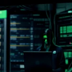 seorang teknisi jaringan berpakaian rapi sedang mengatur konfigurasi keamanan router di ruang server perusahaan