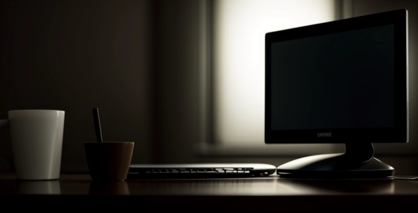 seorang pria mencurigakan menggunakan laptop di sudut cafe dengan latar belakang mesin kasir yang sedang beroperasi