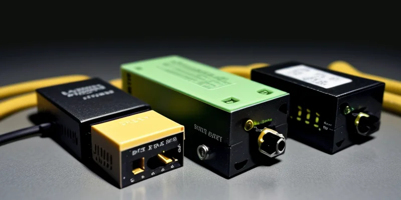 Alat Ethernet Surge Protector kecil berwarna hitam terpasang dengan kabel grounding kuning hijau yang menempel kuat.