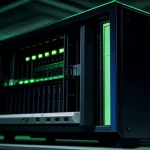 susunan rapi rak server komputer hitam dengan mesin switch hub gigabit menyala hijau