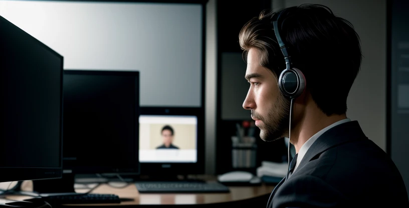 seorang karyawan pria diam-diam menonton film di layar laptop sambil memakai headphone di meja kantor
