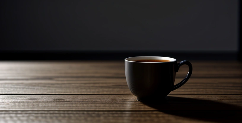 router mikrotik kecil dan kabel lan di atas meja kayu warkop berdampingan dengan secangkir kopi hitam