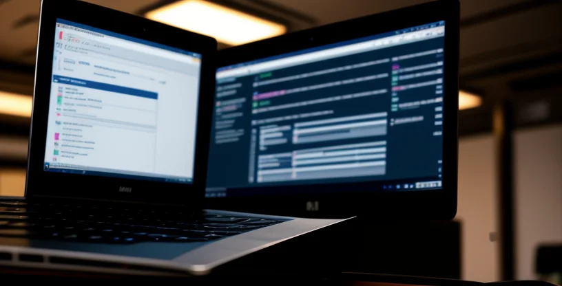 layar laptop menunjukkan aplikasi mikhmon dengan grafik lalu lintas data dan tombol cetak voucher