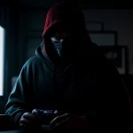gamer pria fokus bermain valorant di setup pc ganda dengan lampu rgb merah