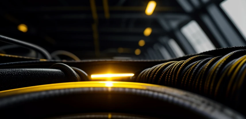 Proses penarikan kabel backbone fiber optik vertikal SFP berpelindung kuning melintasi lubang beton antar lantai