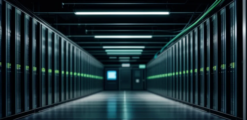 Deretan server di data center dengan lampu indikator BGP routing aktif.