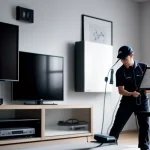 teknisi jaringan sedang mengkonfigurasi mesh router di ruang tamu rumah mewah