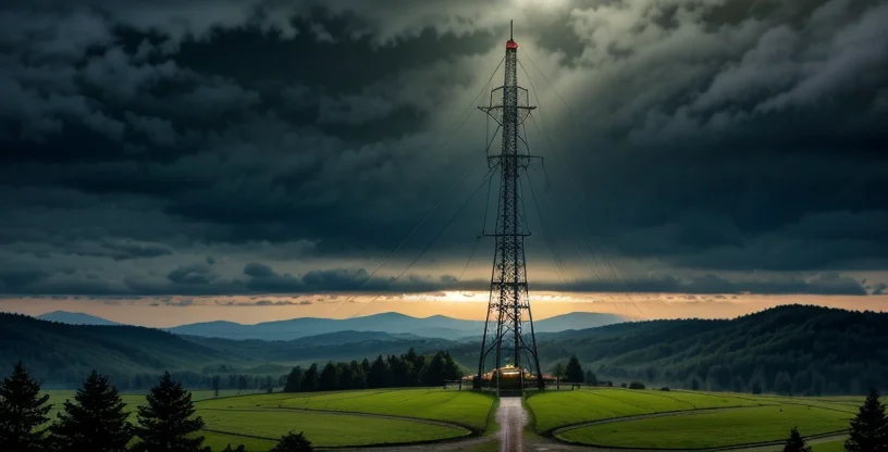 menara triangle baja berdiri kokoh di area perbukitan tanah galian tambang