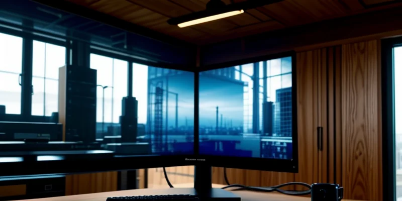 tatanan meja kerja studio arsitek dengan komputer workstation spesifikasi tinggi terhubung kabel lan cat 6 biru