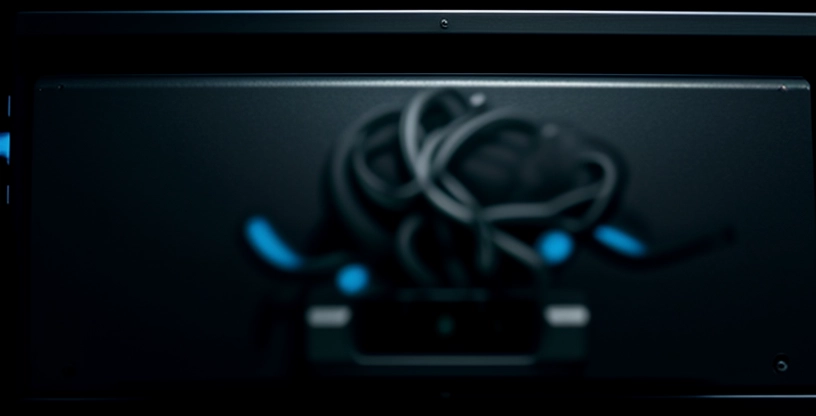 router mikrotik hitam terhubung dengan banyak kabel lan biru di dalam rak server klinik