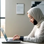 dua pengusaha wanita sedang berdiskusi bahagia melihat desain baju di depan laptop kantor