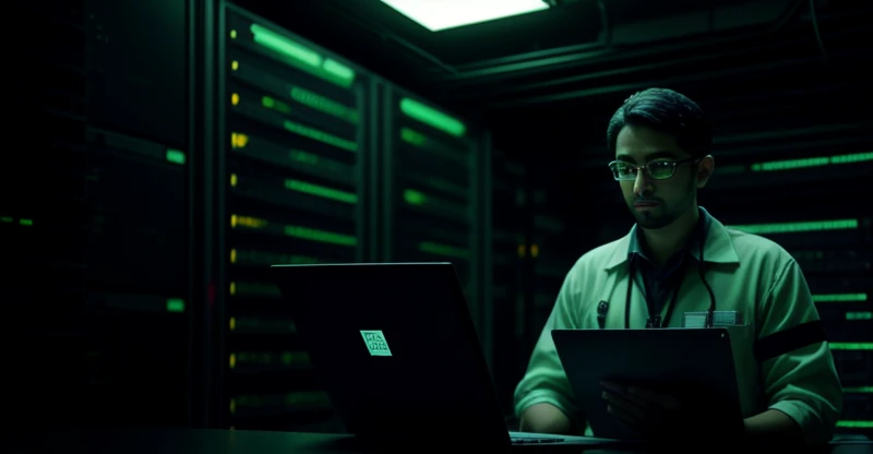 teknisi jaringan sedang mengkonfigurasi server routing untuk koneksi trading