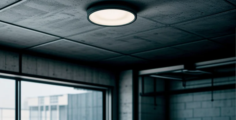 access point dual band modern warna putih terpasang menempel di plafon beton industrial sebuah cafe kopi