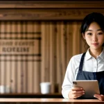 seorang pemilik kafe sedang menunjukkan layar tablet login captive portal voucher internet ke pelanggan