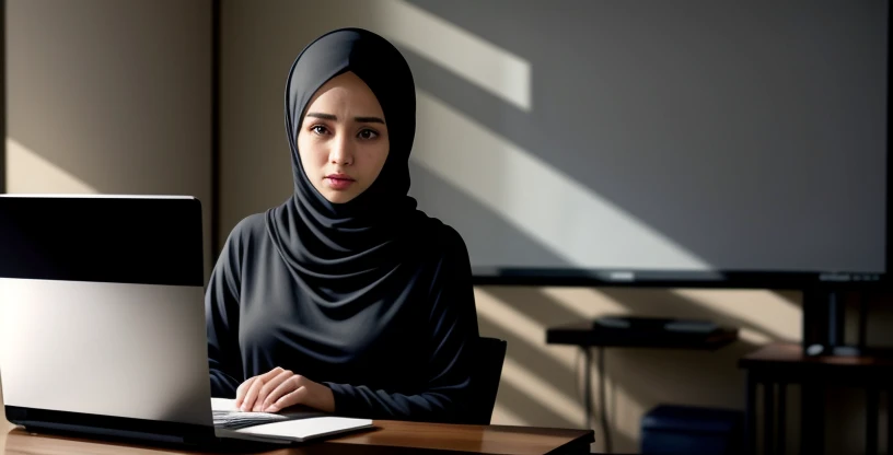 seorang guru perempuan mengajar di depan laptop dengan wajah frustrasi melihat layar