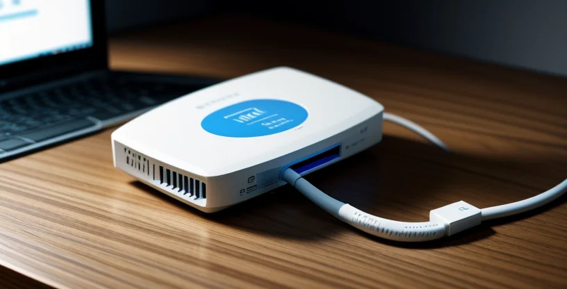 router modem wifi dengan kabel LAN biru terhubung langsung ke laptop
