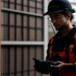 teknisi jaringan melakukan instalasi internet fiber optik di teras rumah