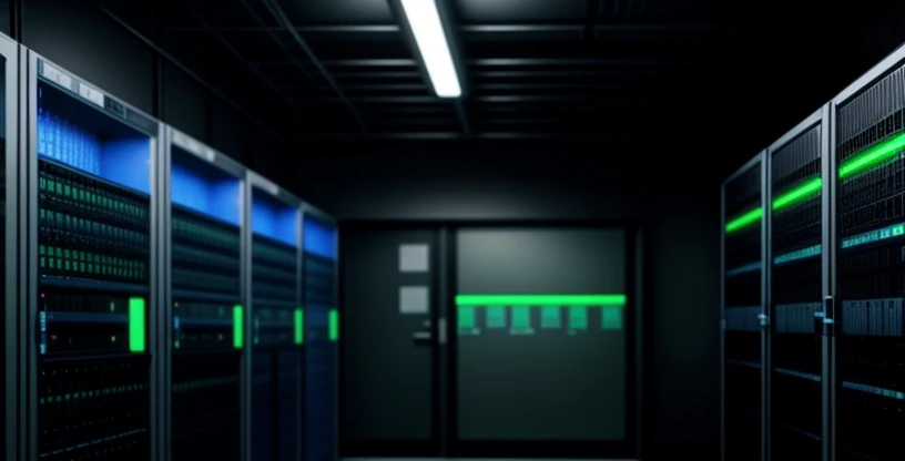 tumpukan server jaringan dengan lampu led hijau dan biru berkedip di ruang server rumah sakit