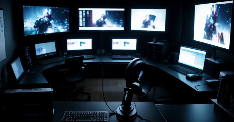 setup meja studio podcast dan live streaming lengkap dengan mic dan dual monitor
