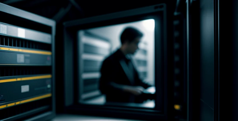 teknisi memasang kabel lan pada mesin nvr cctv di rak server