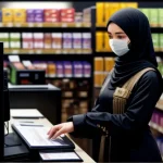 seorang kasir sedang melayani pemindaian barcode barang dengan mesin pos modern