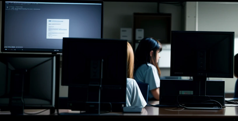 siswa fokus mengerjakan ujian asessment nasional di depan monitor komputer menggunakan kabel lan
