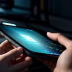 seorang gamer profesional sedang bermain game mobile dengan hp yang terhubung ke kabel LAN