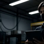 Teknisi jaringan ahli melakukan troubleshooting putusnya jalur internet dengan laptop di area data center