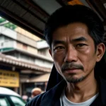 bapak pemilik warung sedang memberikan voucher wifi kepada pelanggan pemuda