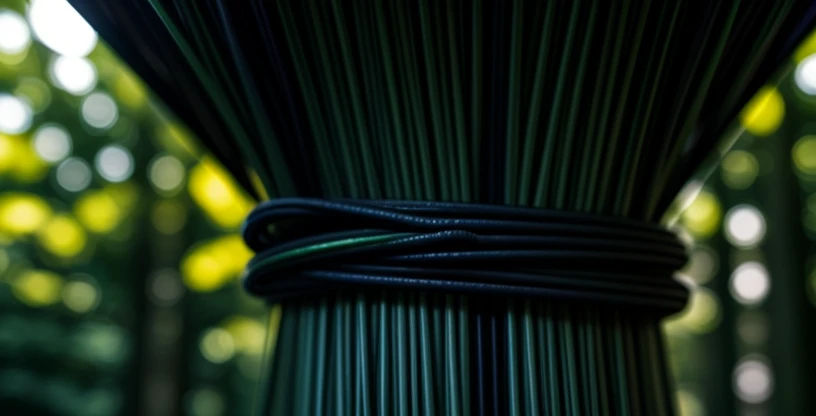 kabel fiber optik ditarik melewati pepohonan di pedesaan menggunakan kawat sling