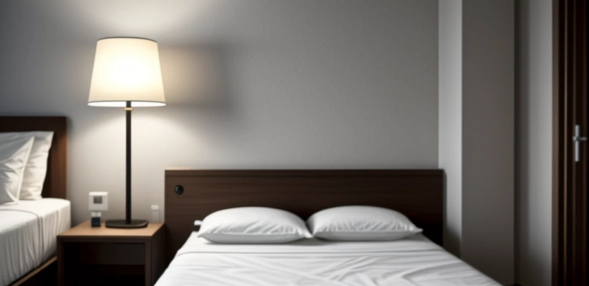 Perangkat Access Point in-wall enterprise yang dipasang rapi di dinding kamar hotel elegan di sebelah sakelar lampu