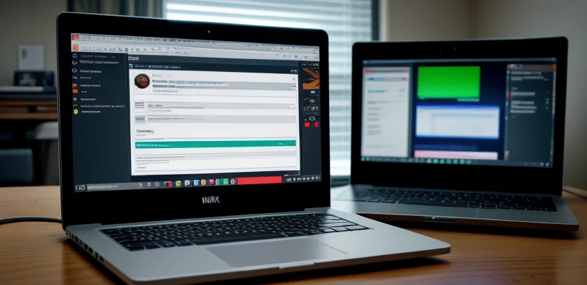 Tampilan antarmuka grafis aplikasi Winbox yang sedang menjalankan fitur monitoring Torch pada sebuah laptop teknisi IT