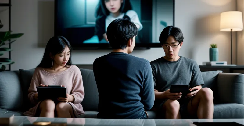 suasana keluarga beranggotakan empat orang sedang sibuk menggunakan gadget masing-masing di ruang tamu modern