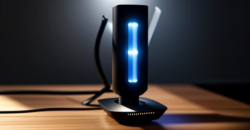 alat router wifi dual band modern berwarna hitam dengan empat antena tinggi diletakkan di atas meja kayu