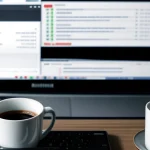 cangkir kopi dengan tulisan BBLKM JAKARTA di samping layar laptop yang menampilkan grafik jaringan internet