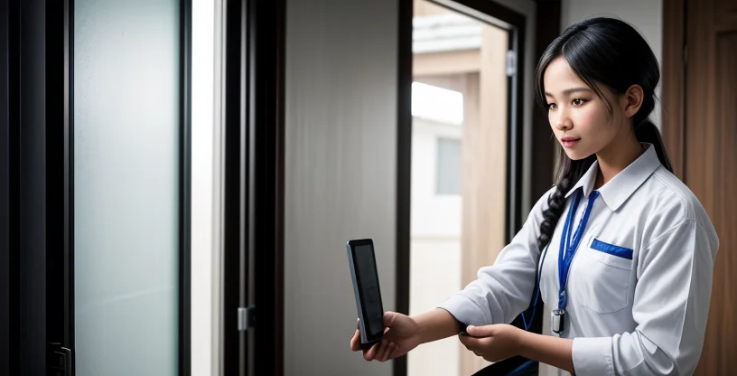 teknisi internet tersenyum ramah memberikan router kepada penyewa rumah