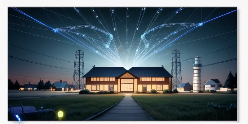 Peta topologi jaringan internet desa menghubungkan balai desa ke rumah warga via kabel fiber optik.