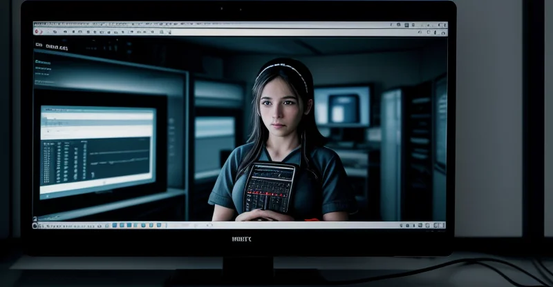 seorang teknisi jaringan sedang memonitor statistik bandwidth melalui layar laptop di ruang server mini