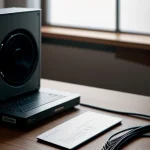 alat router mikrotik dan switch diletakkan di atas meja bersama secangkir kopi