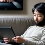 bapak bapak dan anak kecil duduk di sofa asyik menonton video streaming di tablet