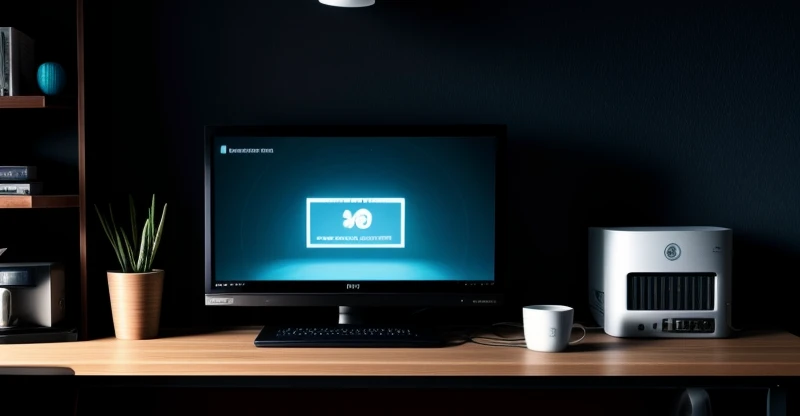 perangkat nvr hitam dengan kabel lan terkoneksi di sebelah router internet menyala