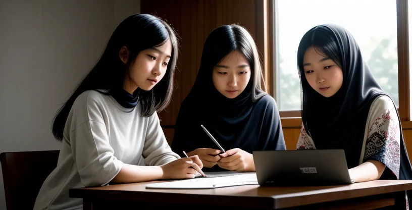 tiga orang mahasiswa sibuk mengerjakan tugas skripsi menggunakan laptop masing masing di kamar kos yang rapi