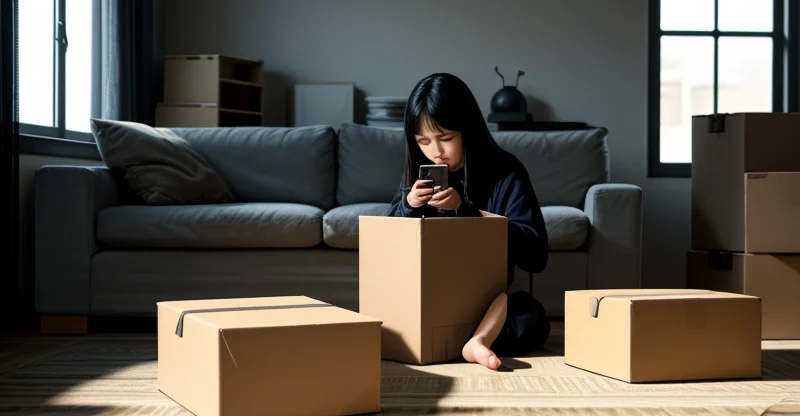 tumpukan kardus pindahan di ruang tamu apartemen yang belum terpasang jaringan internet