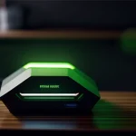 router wifi modern menyala di atas meja dengan lampu indikator hijau tanda koneksi aktif