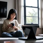 Pemuda bersantai menikmati internet lancar di rumah kontrakannya yang nyaman.