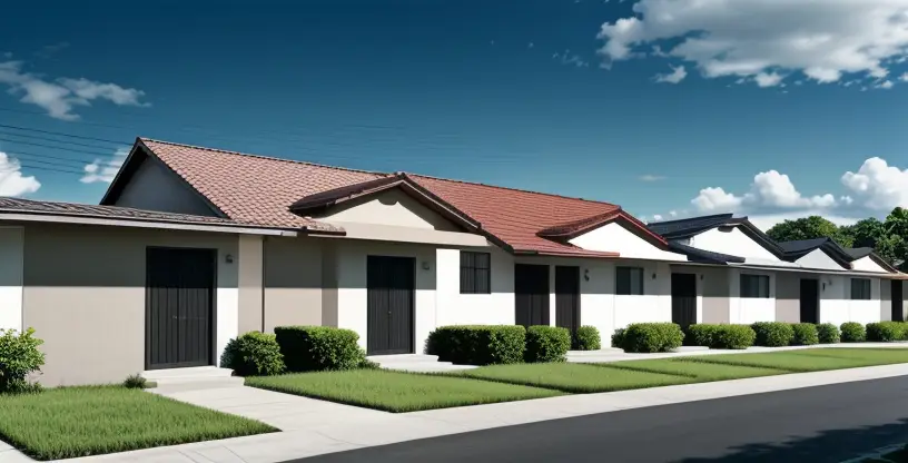 deretan rumah subsidi perumahan baru yang belum memiliki tiang kabel utilitas internet