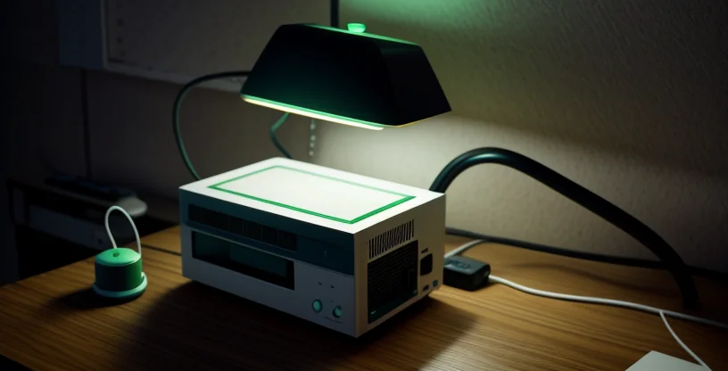 router modem dual band menyala di atas meja kayu dengan lampu indikator hijau terang