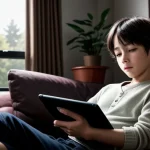 bapak dan anak asyik menonton film streaming di tablet ruang keluarga tanpa buffering